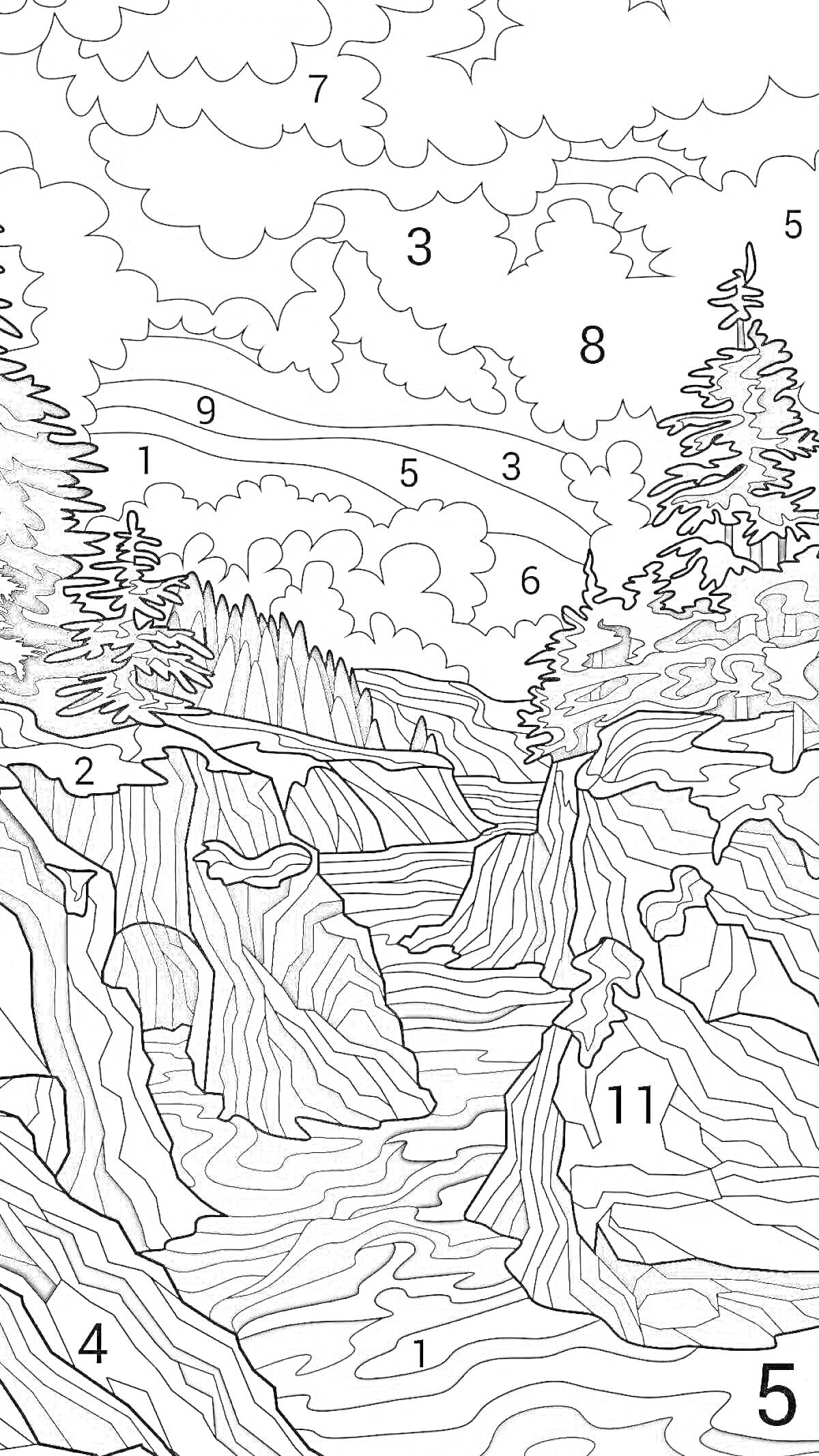 На раскраске изображено: Пейзаж, Ущелье, Река, Деревья, Облака, Природа, Искусство