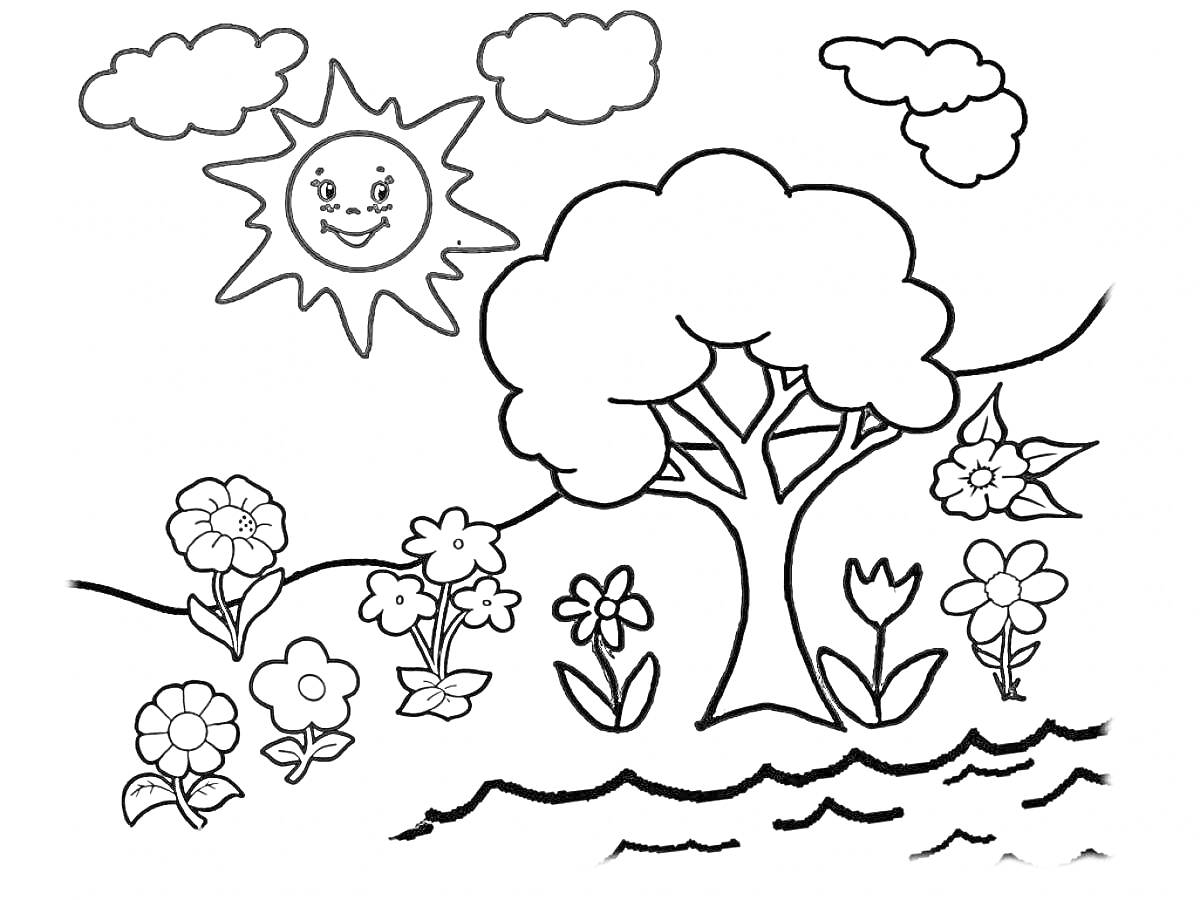 Раскраска Летний пейзаж с деревом, цветами, рекой и улыбающимся солнцем