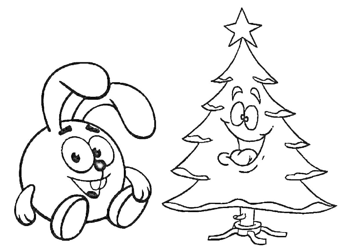 Раскраска Круглый заяц и улыбающаяся новогодняя ёлка со звездой