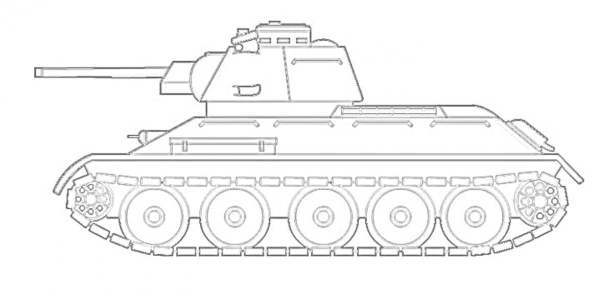 Раскраска Линейный рисунок танка КВ-44 с видимыми элементами гусениц, корпуса, башни и оружия