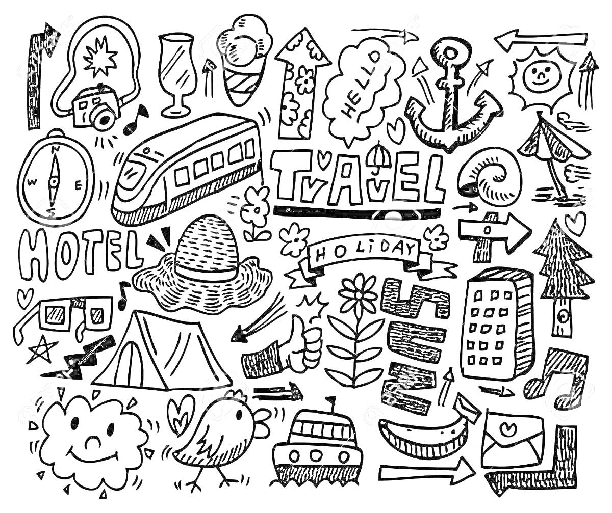 Раскраска Наклейки на тему путешествий: камера, бокал, мороженое, автобус, стрелка, компас, гостиница, шляпа, значок Wi-Fi, палатка, большой палец вверх, забор, цветок, ананас, ракушка, кошелек, шляпа, строение, дерево, клубника, самолет, облако, самолетик из бумаг