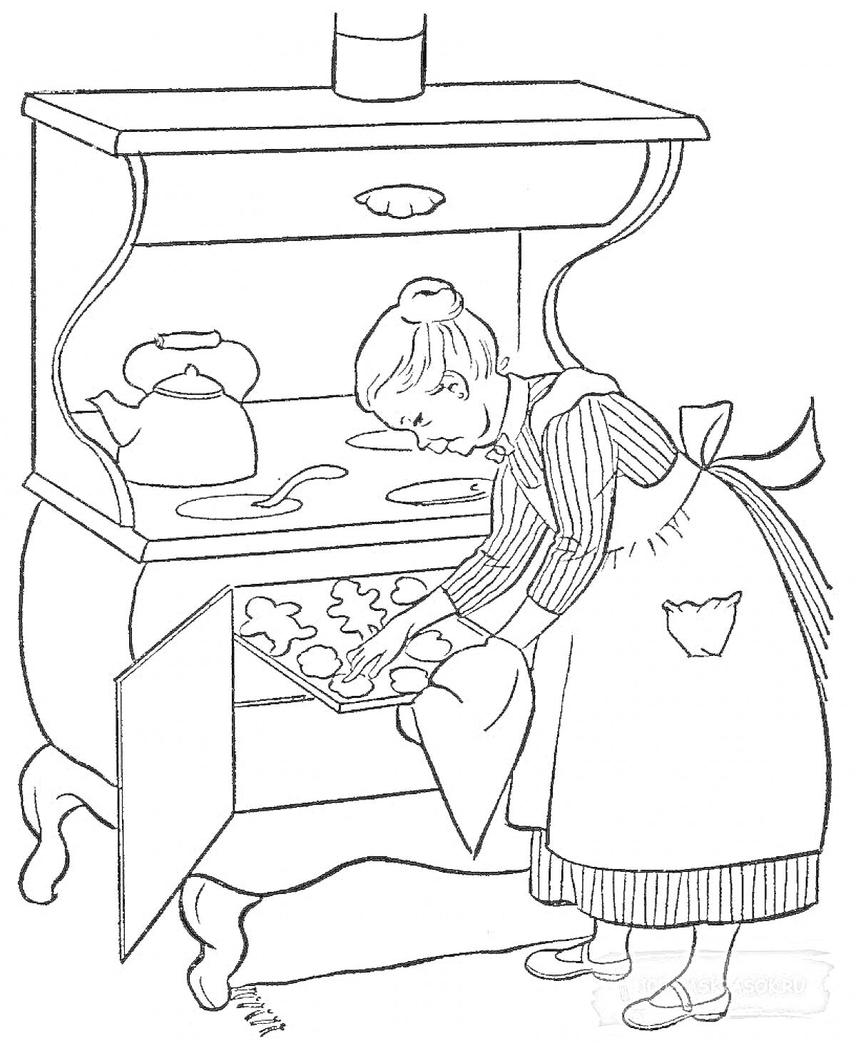 На раскраске изображено: Печка, Выпечка, Форма для выпечки, Женщина, Половник, Кухня, Плита, Готовка