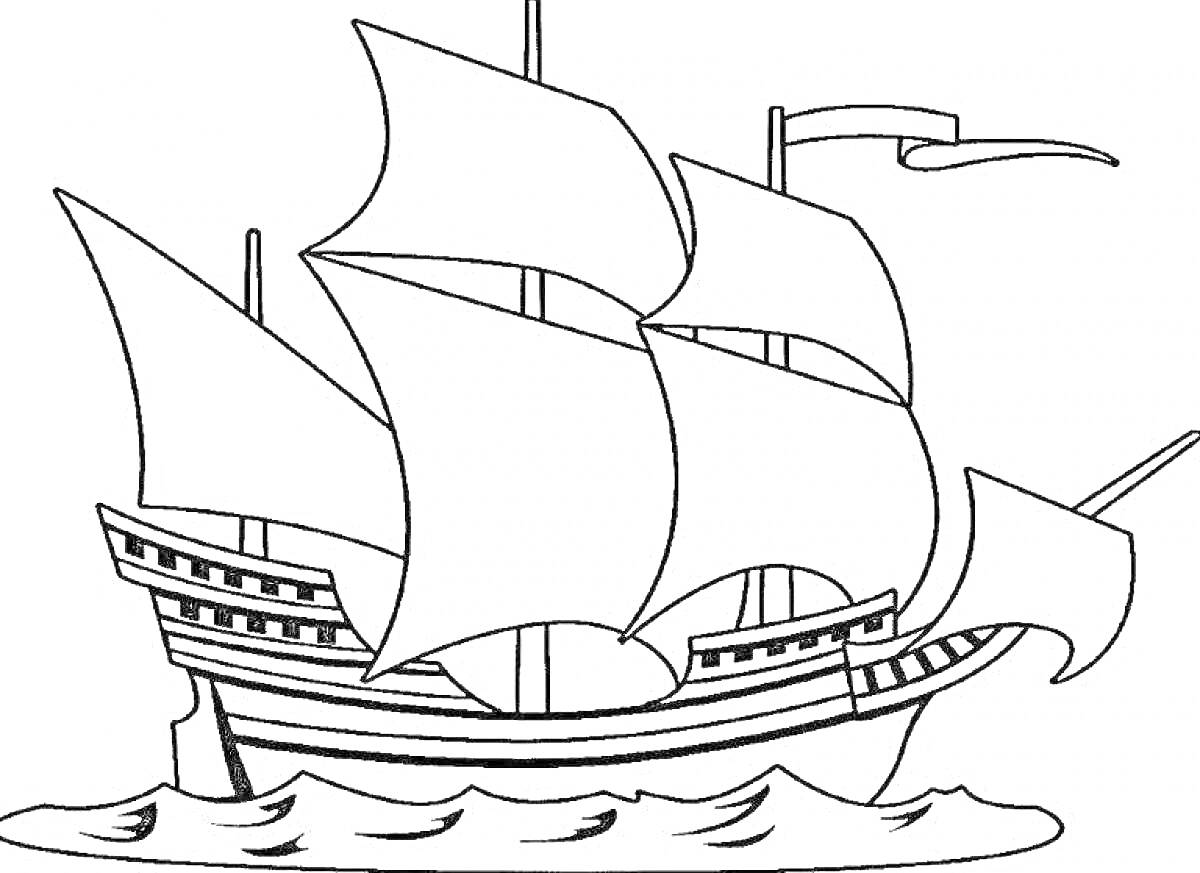 На раскраске изображено: Корабль, Паруса, Флаг, Вода, Волны, Мореплавание, Море