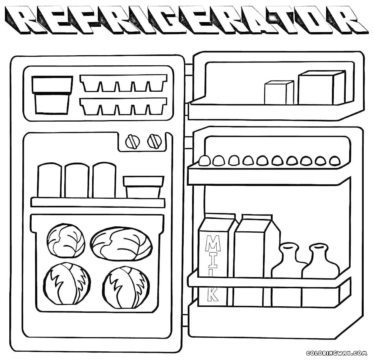 Раскраска Раскраска с изображением холодильника с открытой дверью, содержащего ящики, контейнеры, капусту, яйца, бутылки с молоком и другими жидкостями.