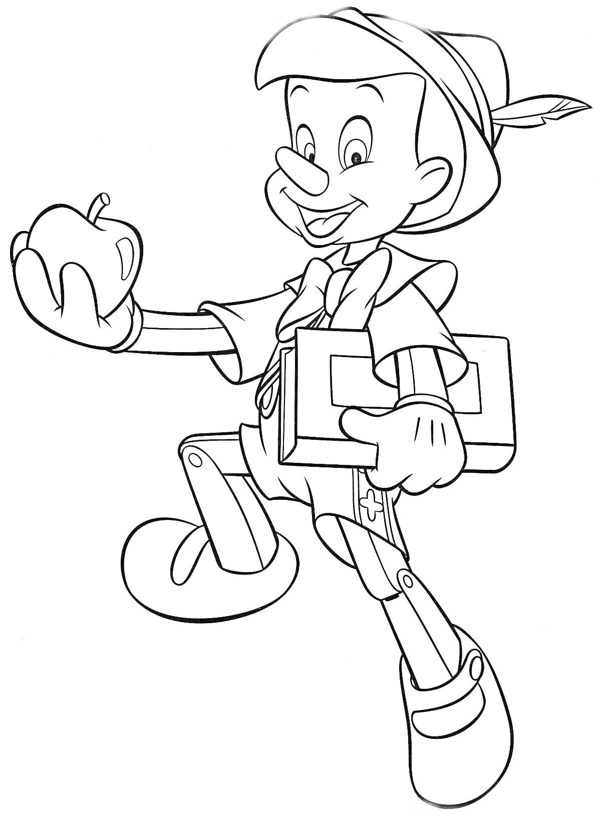 Раскраска Пиноккио держит яблоко и книгу