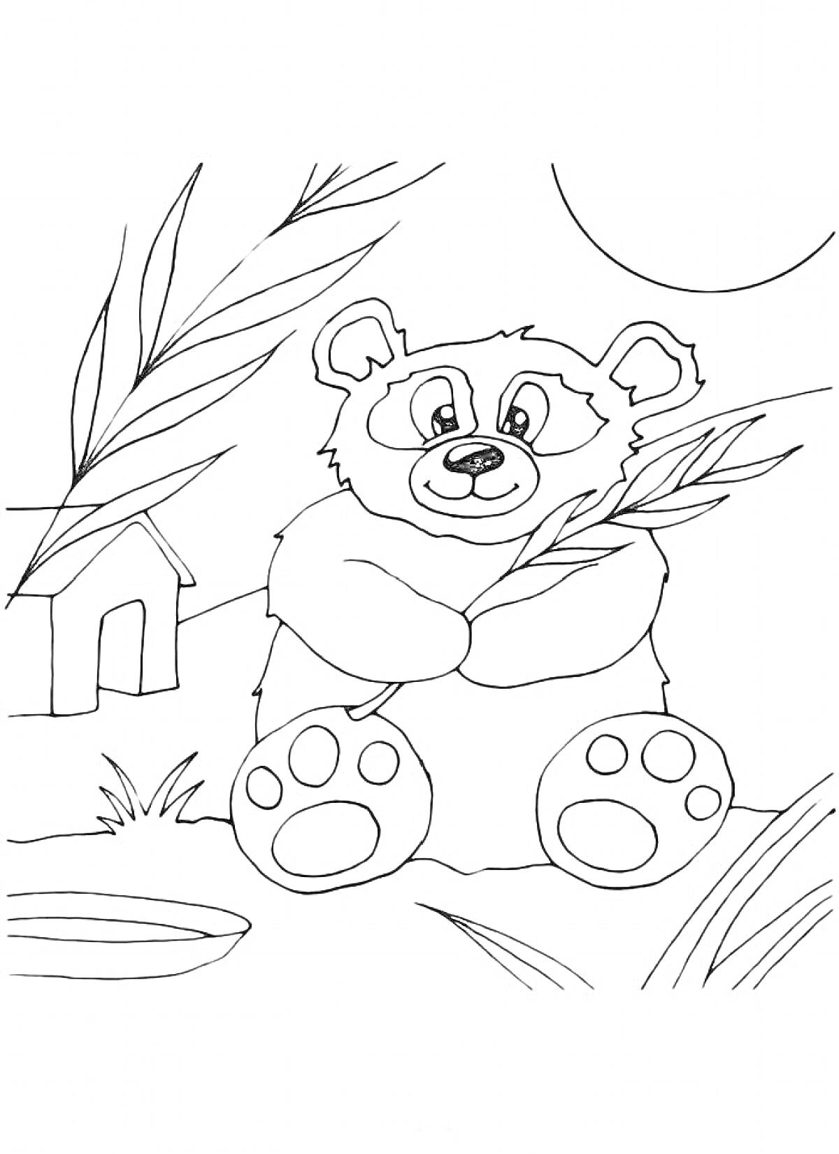 На раскраске изображено: Бамбук, Луна, Домик, Трава, Животные, Панды