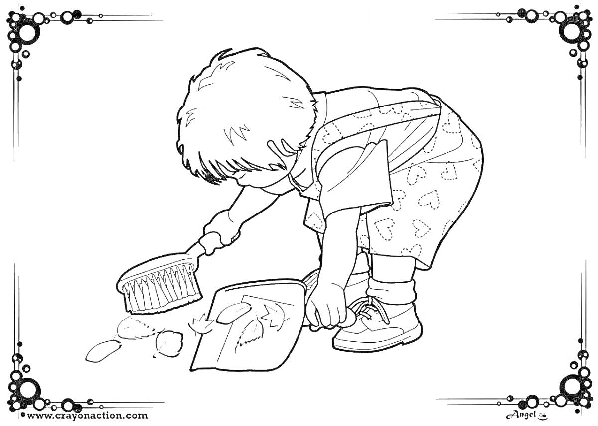 Раскраска Ребенок собирает мусор веником и совком