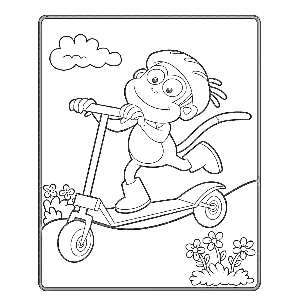На раскраске изображено: Самокат, Детский транспорт, Цветы, Природа, Безопасность, Детский отдых