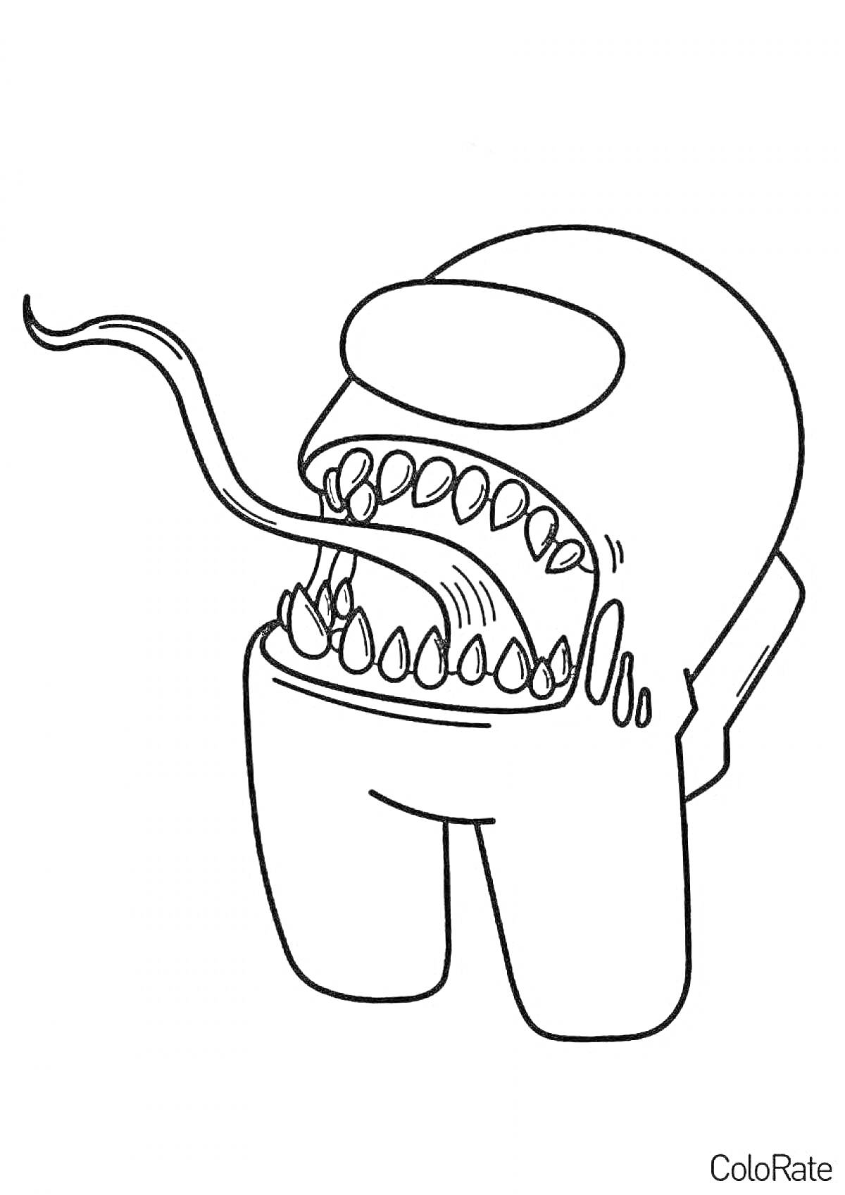 Раскраска Член экипажа из игры Among Us с открытой пастью и высунутым языком.