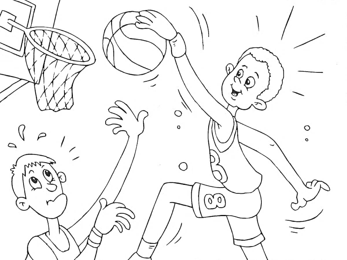 Раскраска Два баскетболиста: один забрасывает мяч в кольцо, второй пытается защитить кольцо