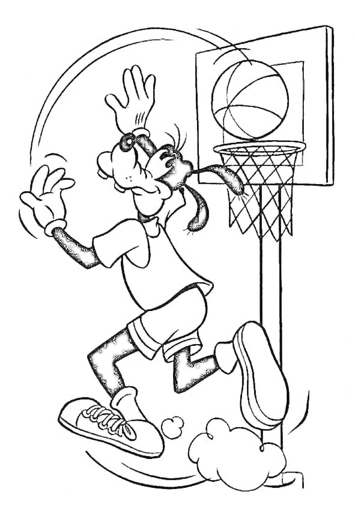 Раскраска Персонаж забрасывает мяч в корзину, баскетбольное кольцо с сеткой, баскетбольный мяч, спортивная одежда и кроссовки