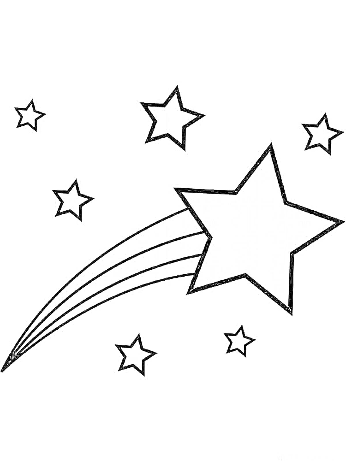 На раскраске изображено: Падающая звезда, Небо, Ночное небо, Звезды, Астронавтика, Космос, Контурные рисунки