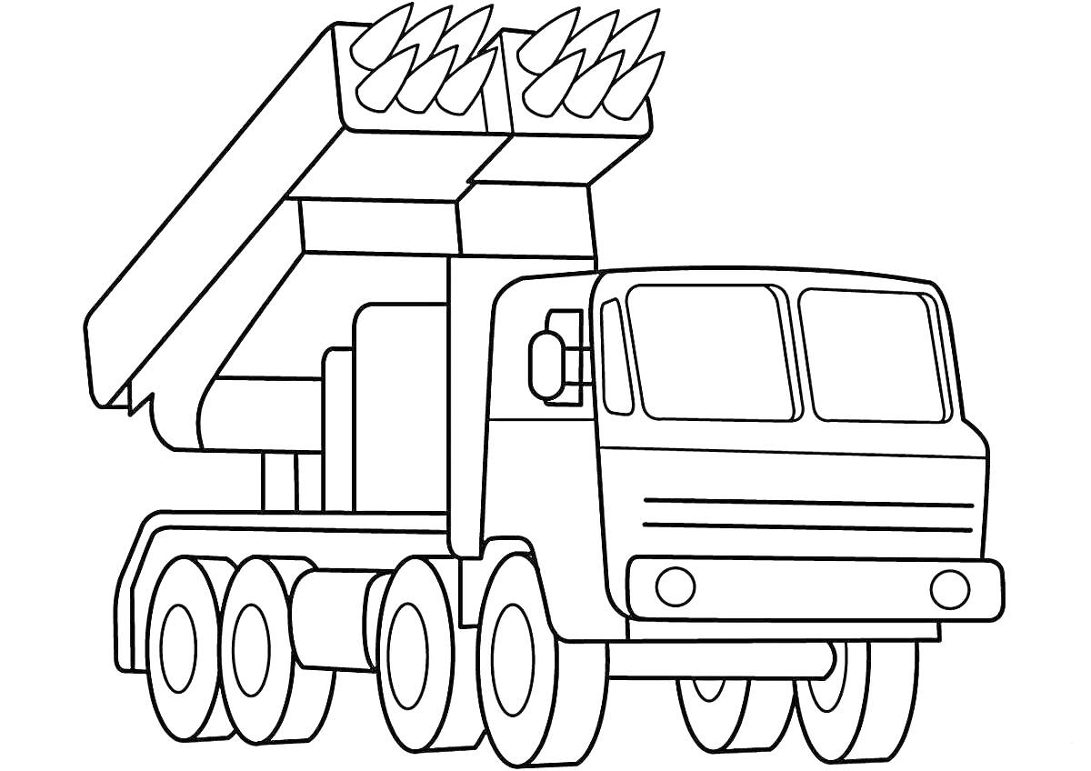 Раскраска Военная машина с ракетной установкой на шасси с шестью колесами