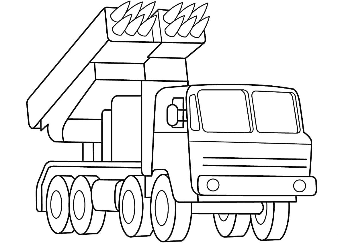 Военная машина с ракетной установкой на шасси с шестью колесами