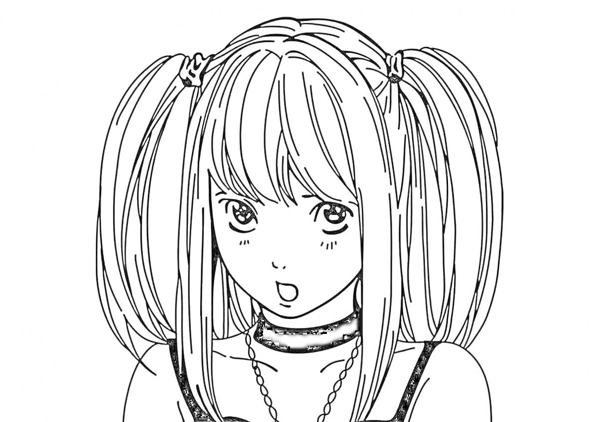 Раскраска Девушка-аниме с двумя хвостиками и ожерельем