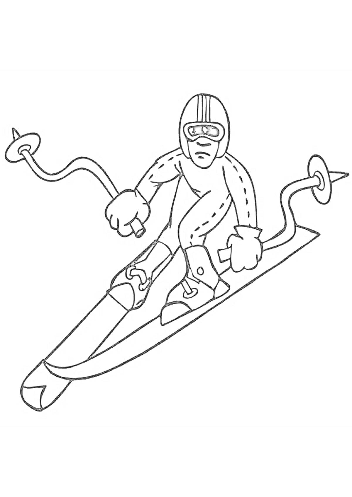 На раскраске изображено: Зимние виды спорта, Лыжник, Палки, Защитная экипировка, Спорт, Зима