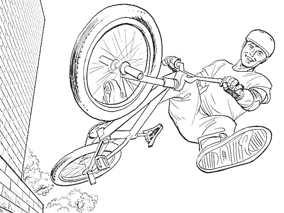 На раскраске изображено: Велосипед, Спорт, Стена, Прыжки, Шлемы, Экстремальный спорт