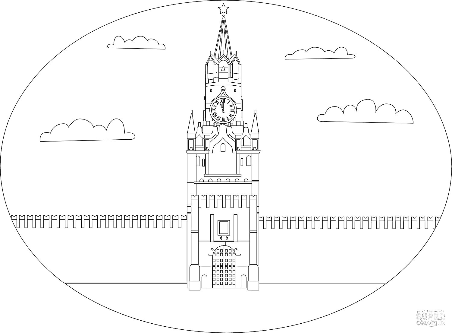 На раскраске изображено: Спасская башня, Кремль, Часы, Облака, Стена, Москва, Архитектура, Россия