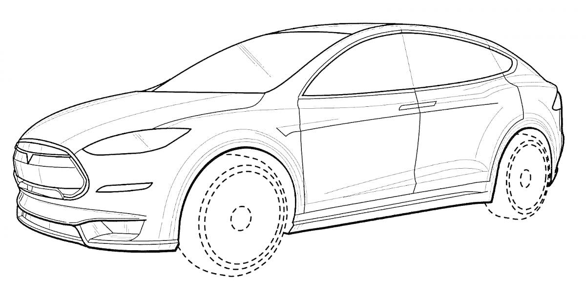 Раскраска Tesla Model X - электромобиль, вид сбоку, линии кузова, контуры дверей, колеса