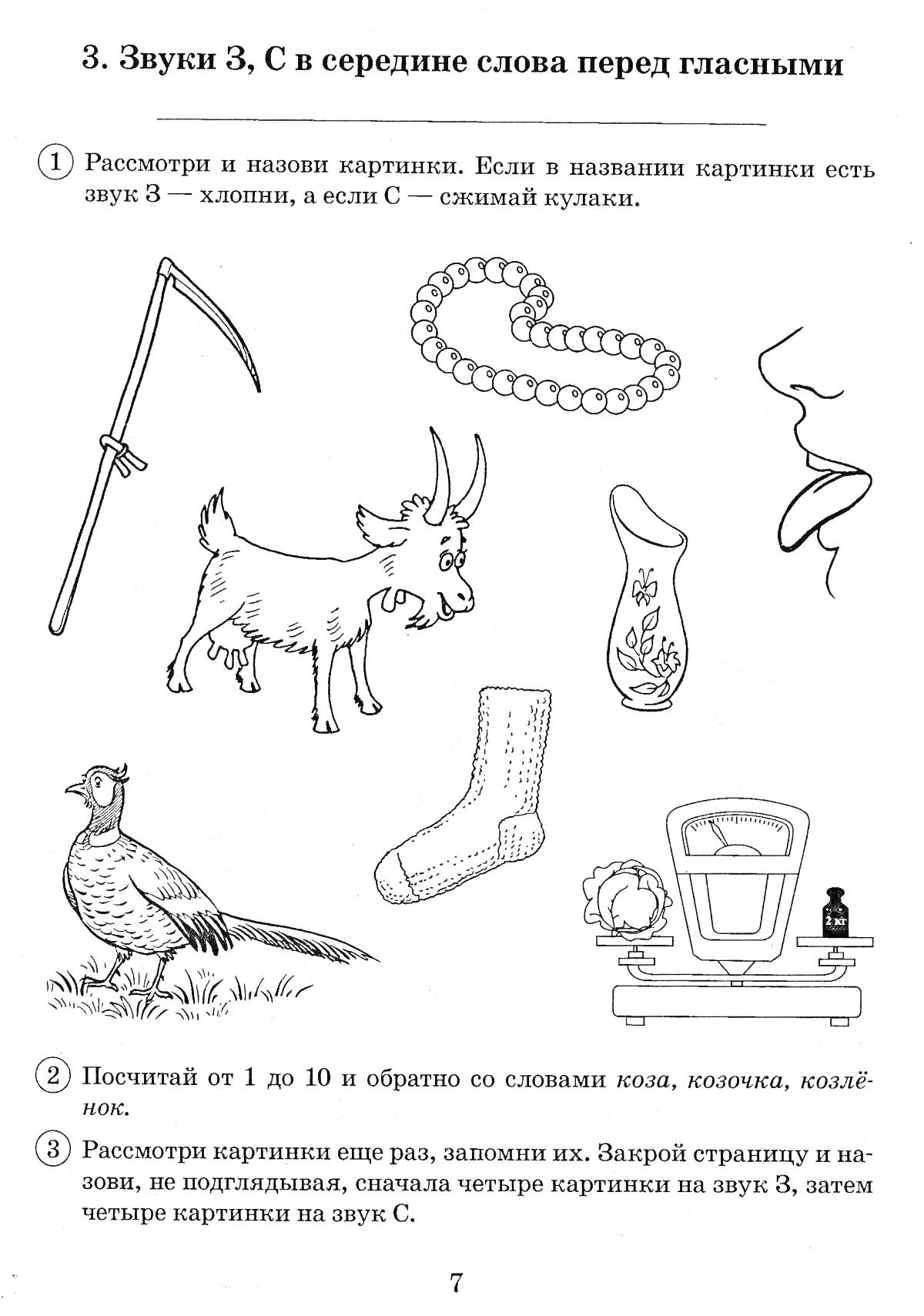 На раскраске изображено: Коса, Бусины, Ножницы, Фазан, Весы, Замок, Звуки, Согласные, Звонкие, Глухие, Буква З