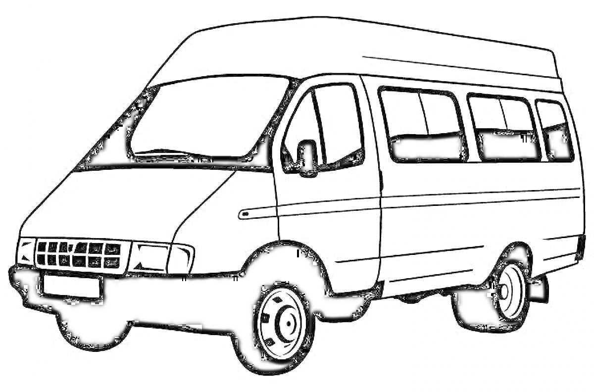 На раскраске изображено: Газель, Микроавтобус, Транспорт, Для мальчиков