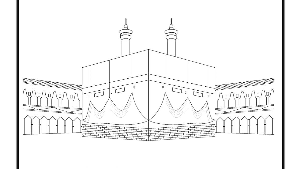 Раскраска мечеть с двумя минаретами и внутренним двором, с крашеной каменной кладкой у основания и декором на стенах