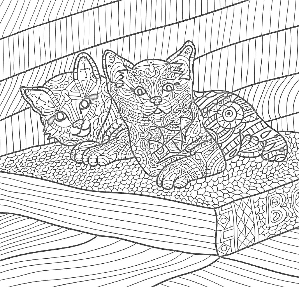 Раскраска Два кота лежат на коврике перед стулом