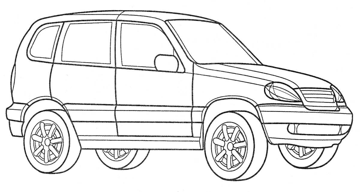 Раскраска Внедорожник с четырьмя колесами и большими окнами