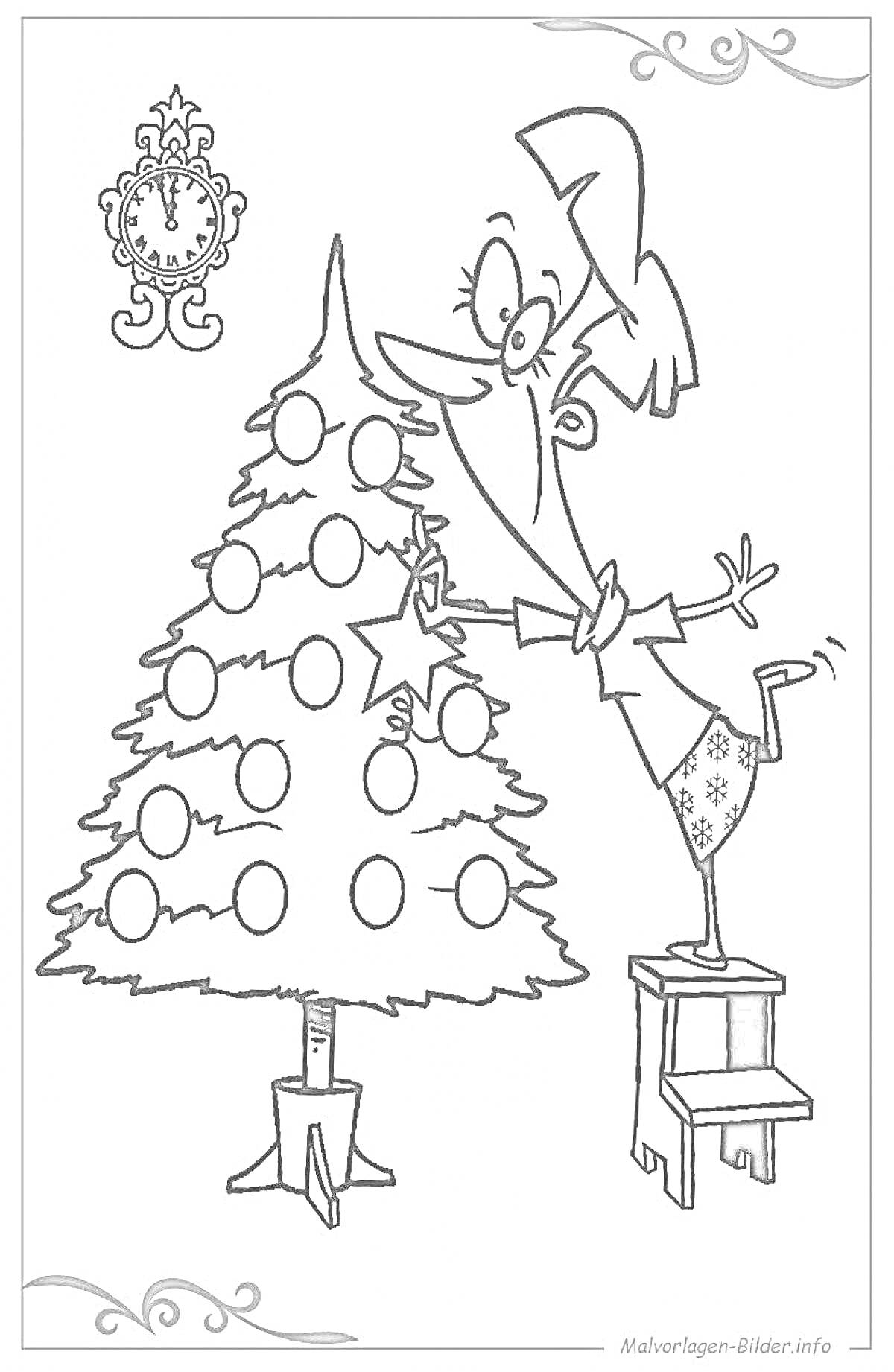 На раскраске изображено: Новогодняя елка, Украшение елки, Часы, Ёлочные игрушки, Новый год