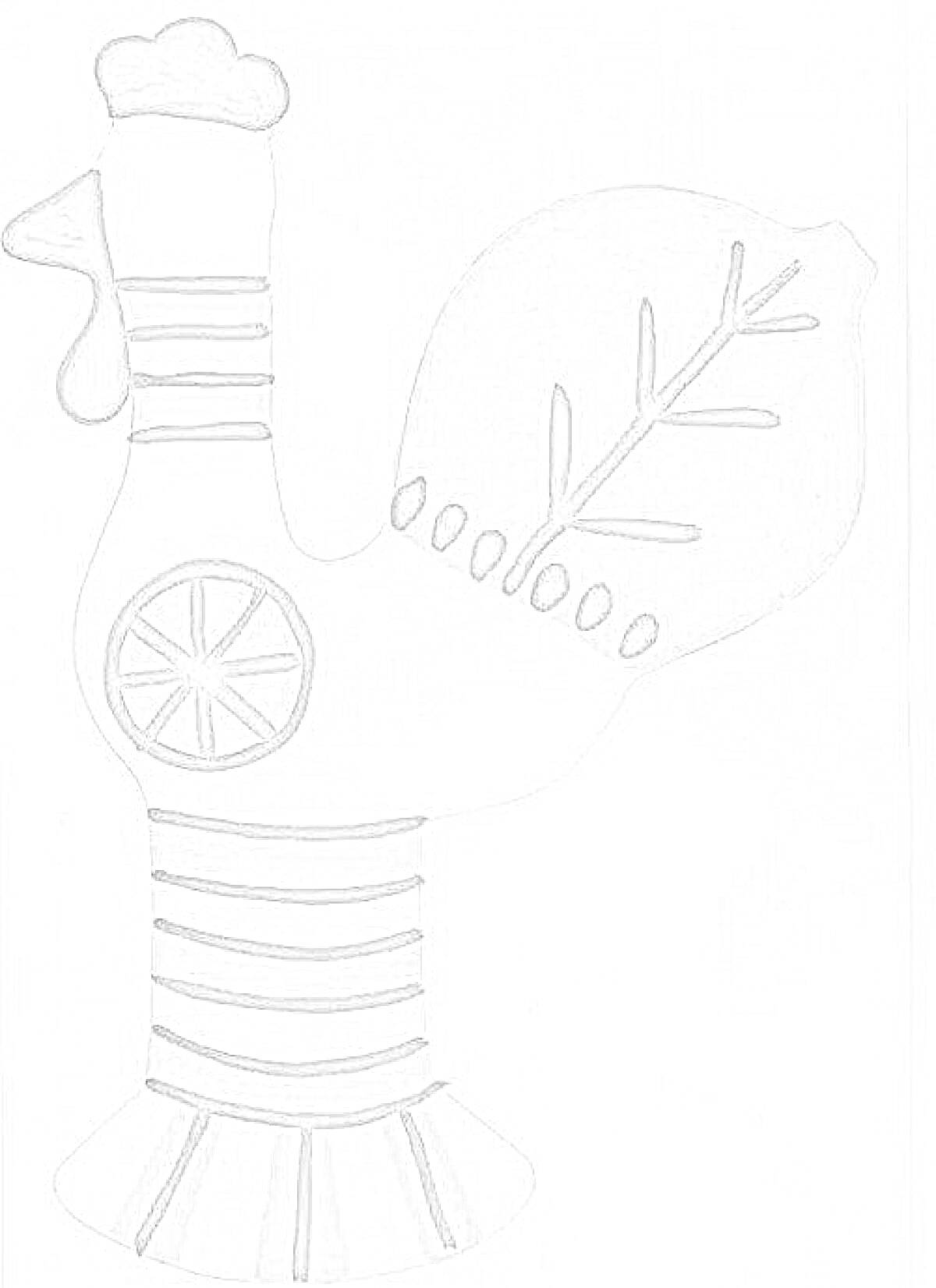 Раскраска Филимоновская игрушка петушок с узором на хвосте и туловище