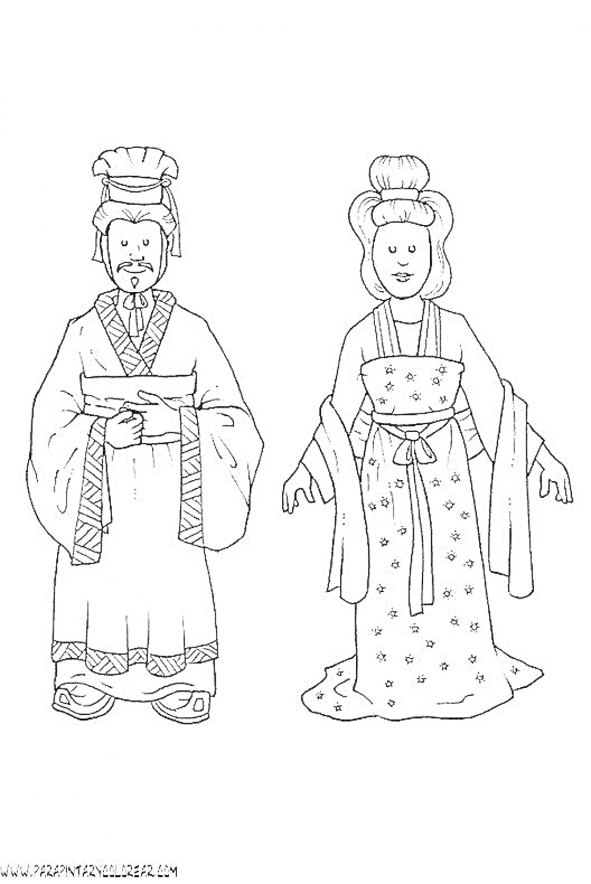 На раскраске изображено: Япония, 4 класс, Традиционная одежда, Кимоно, Мужчина, Женщина, Культура, Искусство