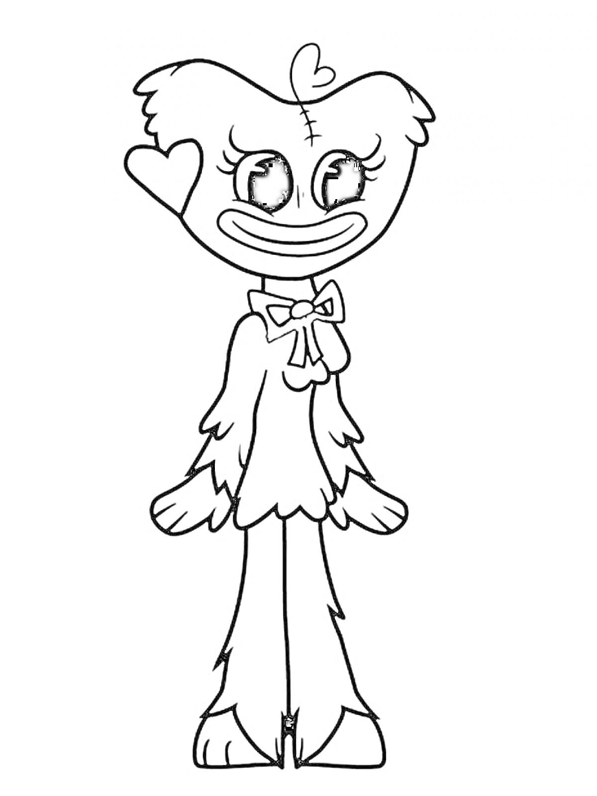 Раскраска Персонаж из Poppy Playtime с сердечком на лице и бантиком