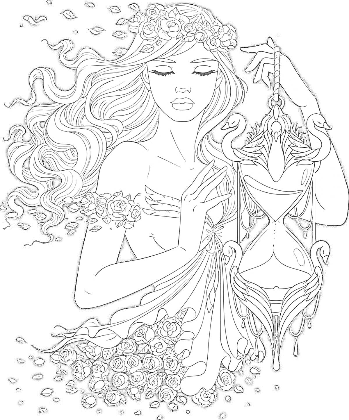 Раскраска Девушка с длинными волнистыми волосами и цветочным венком, держащая песочные часы