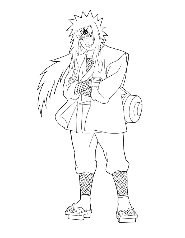  Аниме персонаж с длинными волосами, повязка на лбу с символом, одежда с налокотниками, сумка за спиной, таби и сандалии.