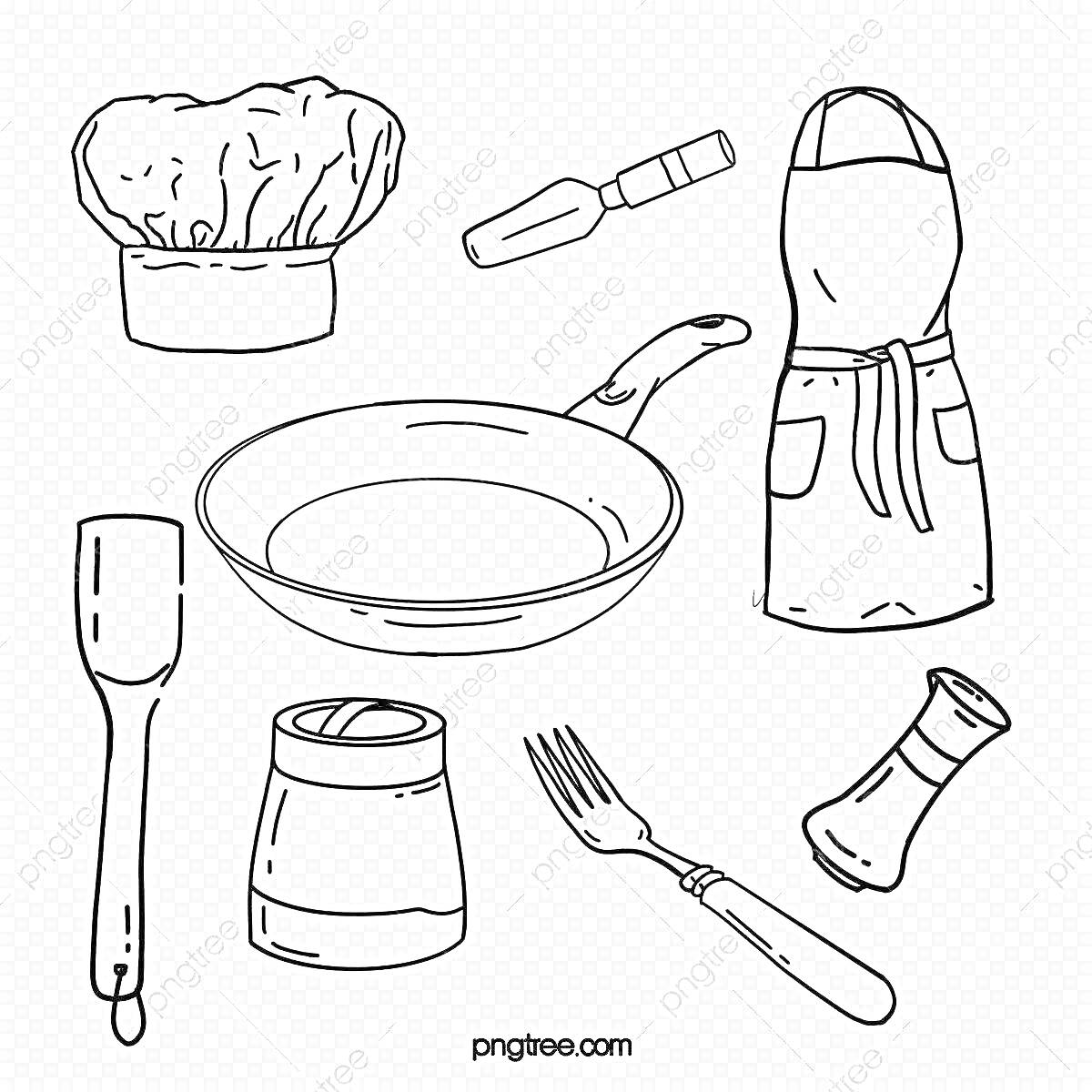 Раскраска Шляпа повара, нож, фартук, сковорода, лопатка, солонка, вилка, перечница