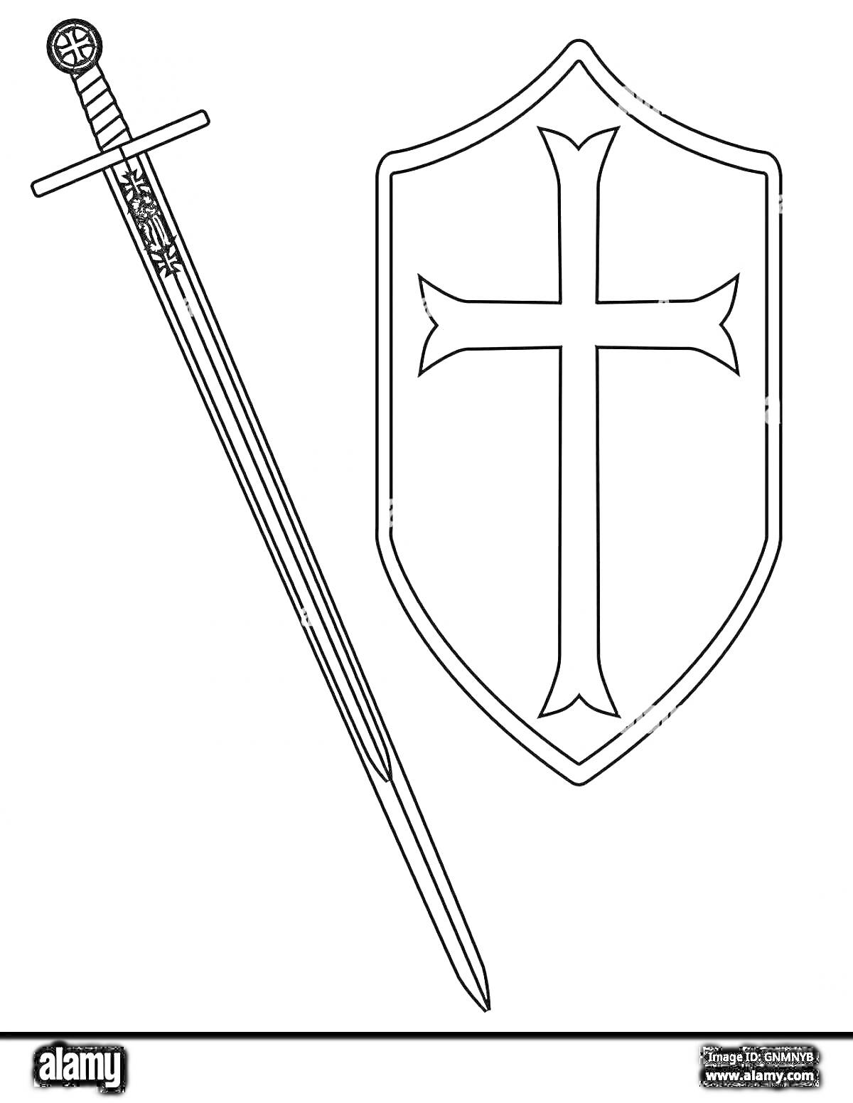 На раскраске изображено: Щит, Крест, Меч, Богатырь, Оружие, Средневековье