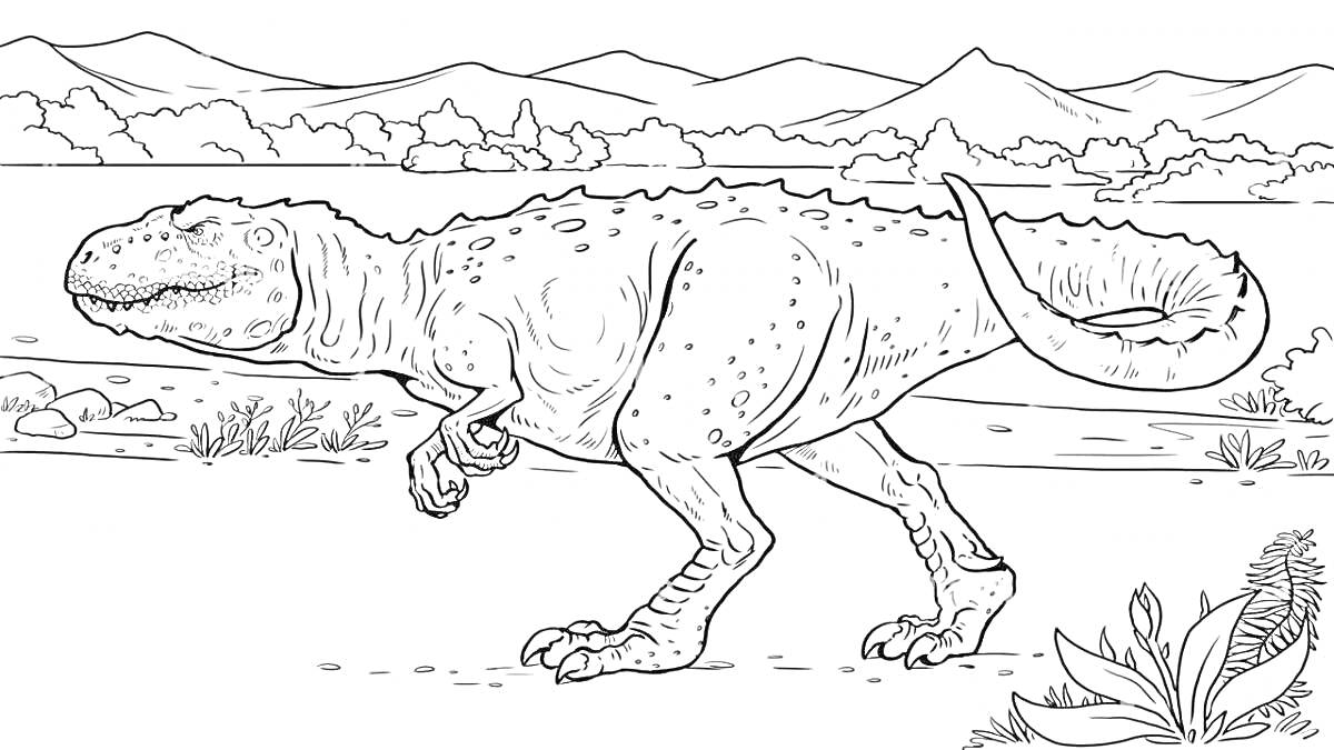 Раскраска Тираннозавр гуляет в долине с горами и растительностью