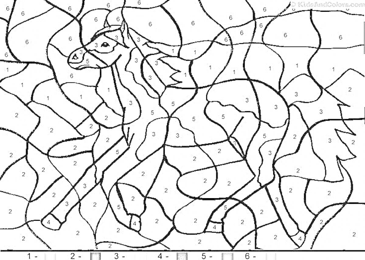 Раскраска по номерам с изображением лошади на фоне абстрактных форм