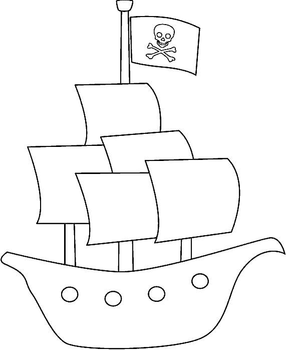 На раскраске изображено: Корабль, Флаг, Череп, Кости, Пиратский корабль, Море, Мачта, Приключения, Парусники