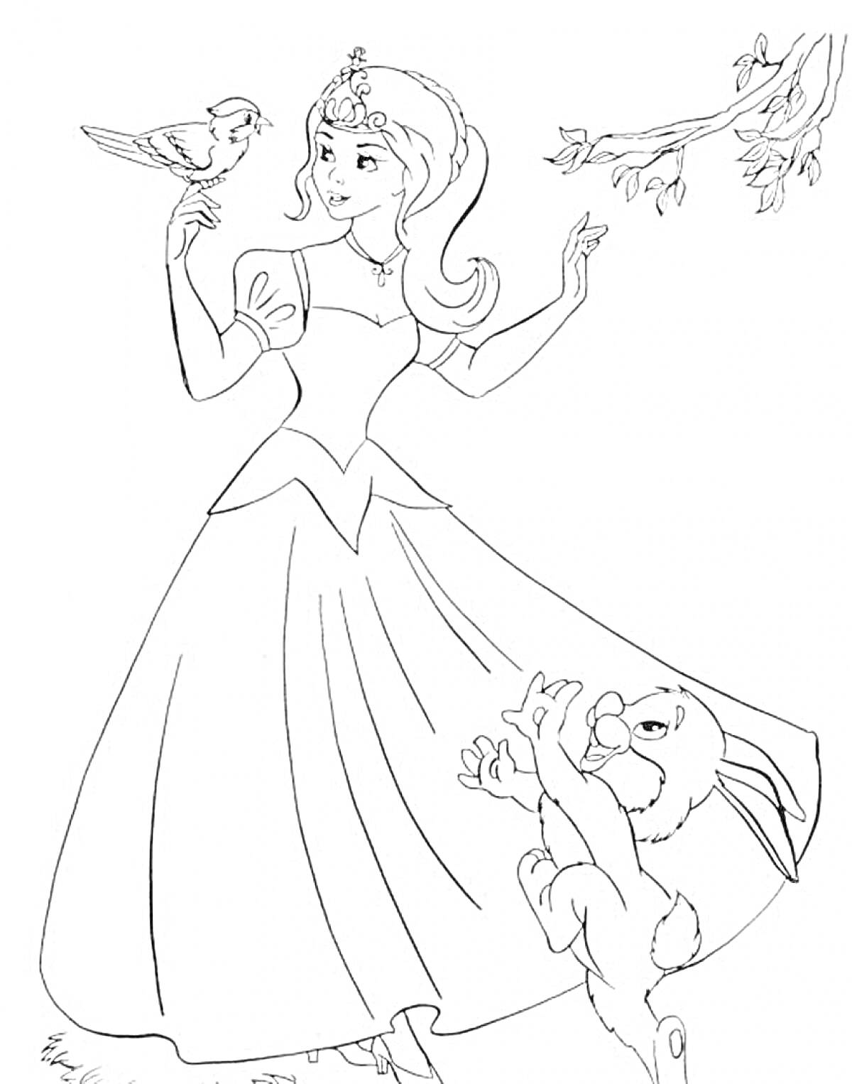 Раскраска Принцесса с птицей на руке и зайчиком у подола платья, ветка с листьями в правом верхнем углу
