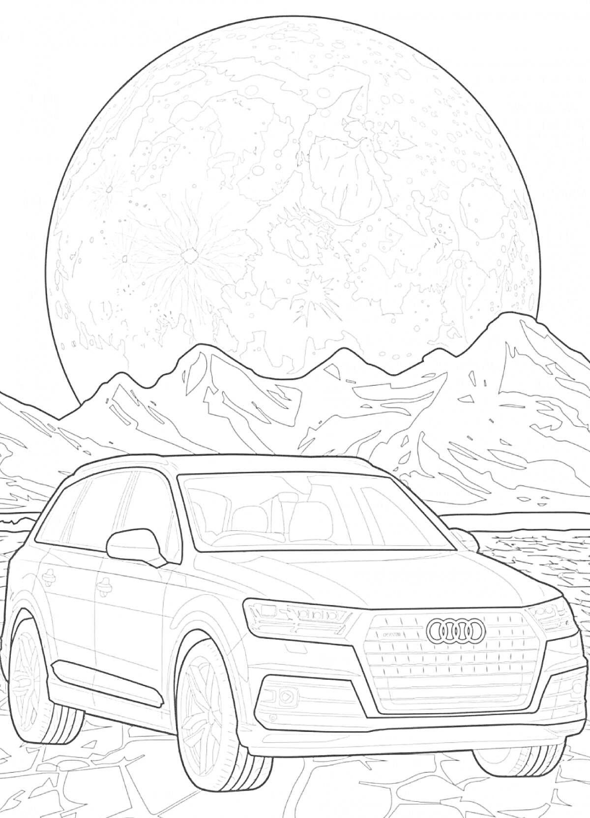 Audi Q7 на фоне гор и большого луны