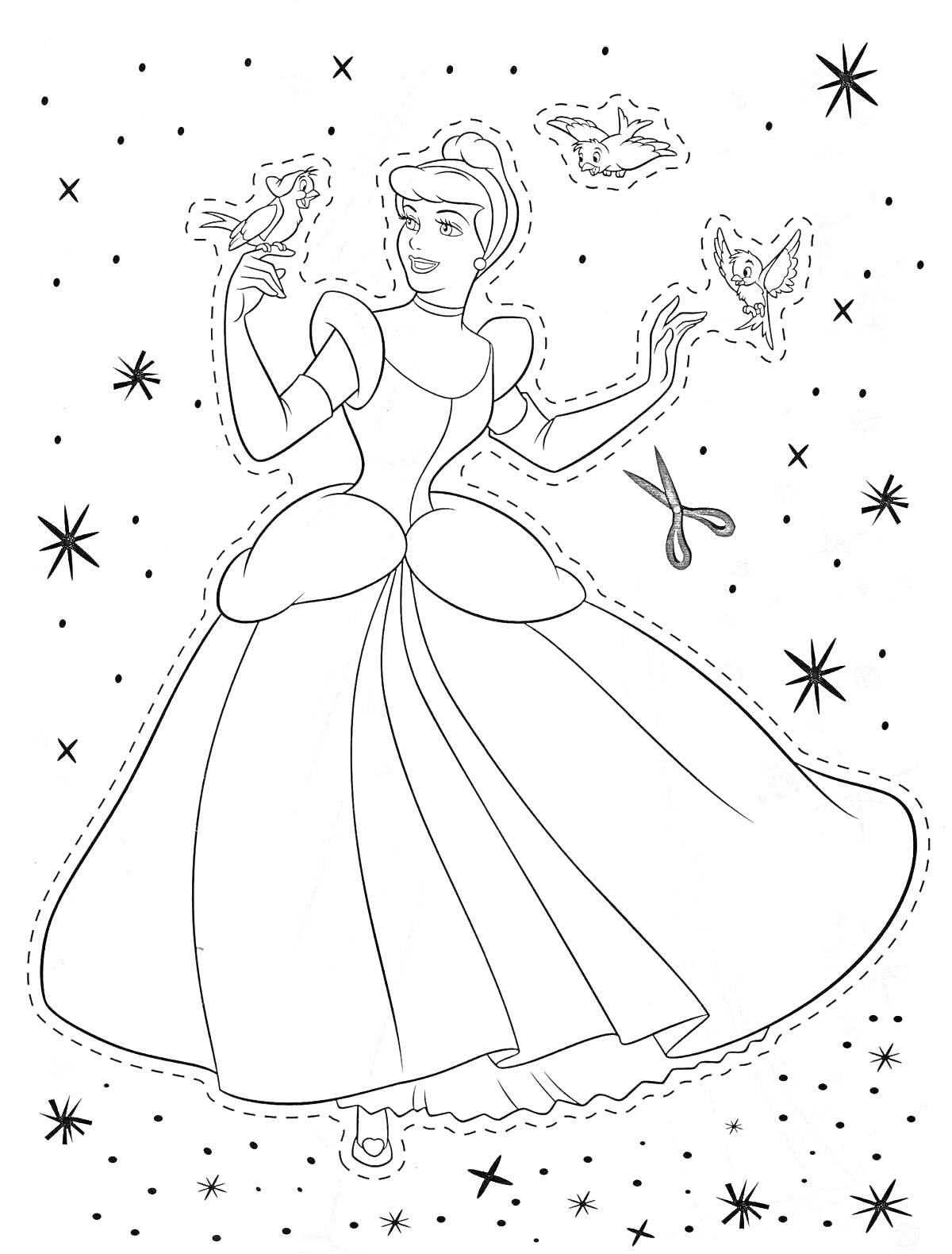 На раскраске изображено: Золушка, Бальное платье, Ножницы, Звезды, 5 лет, 6 лет