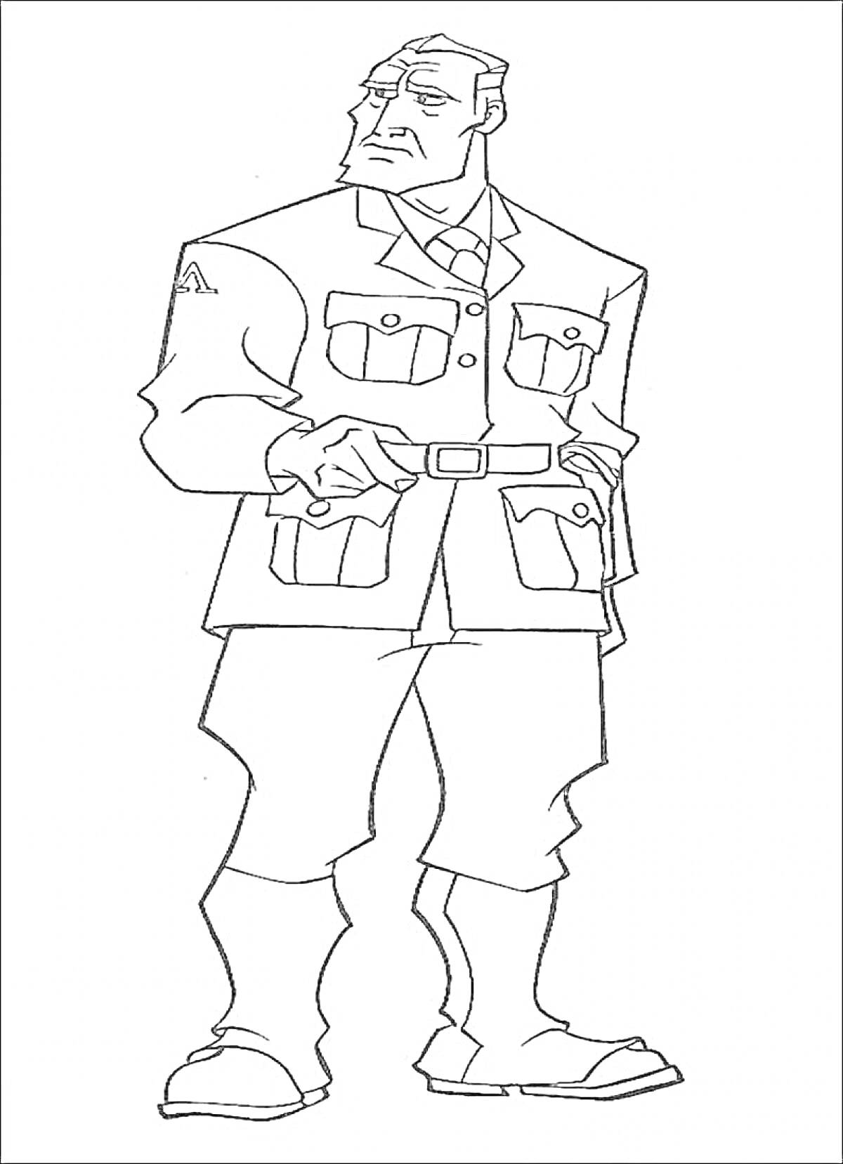 Раскраска Офицер в военной форме с нагрудными карманами, ремнем и высокими ботинками