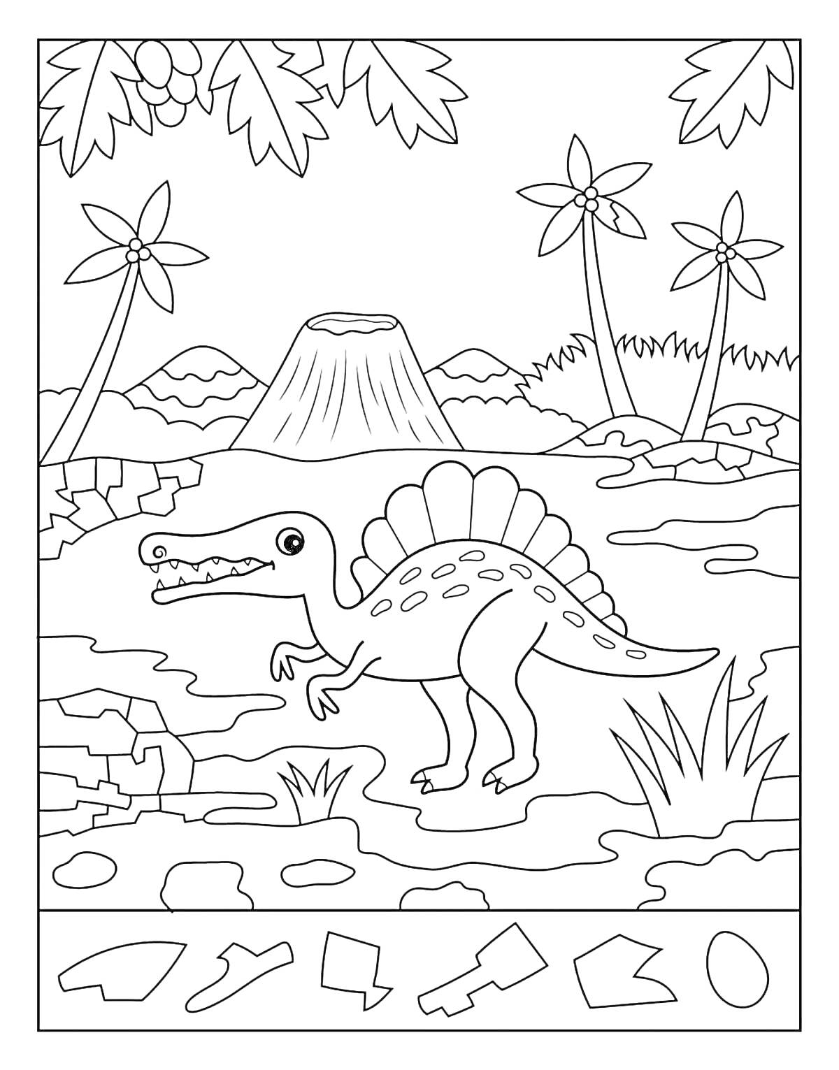 На раскраске изображено: Динозавр, Вулкан, Саванна, Деревья, Птеродактиль, Следы, Яйца, Природа