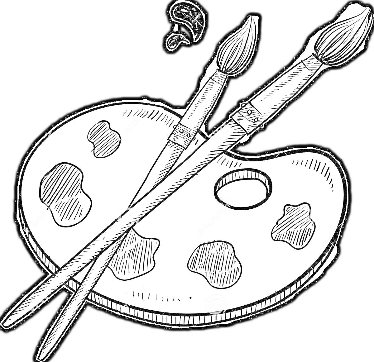 На раскраске изображено: Палитра, Краски, Кисточки, Арт, Художник