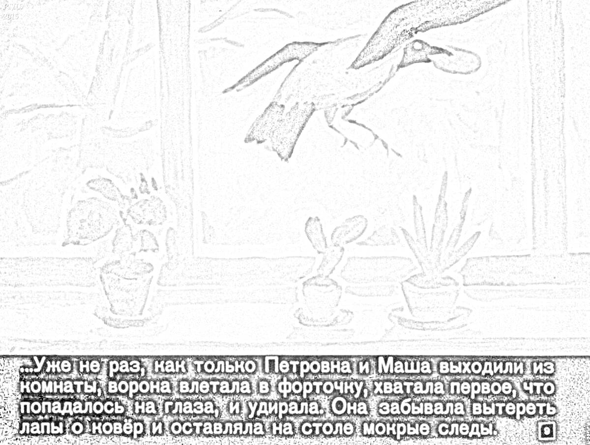 На раскраске изображено: Цветы, Горшки, Подоконник, Текст, Рассказ, Воробей, Школа, 3 класс