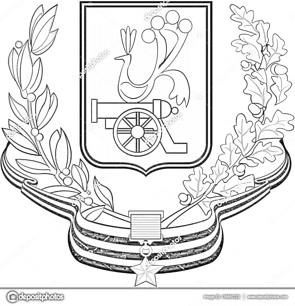 На раскраске изображено: Геральдика, Пушка, Птица, Орден, Герб России, Лавровые ветви, Россия, Символы