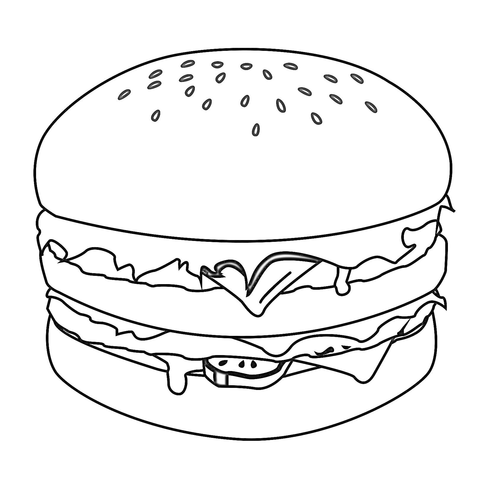 На раскраске изображено: Бургер, Листья салата, Соус, Еда, Бутерброд, Помидор, Закуски