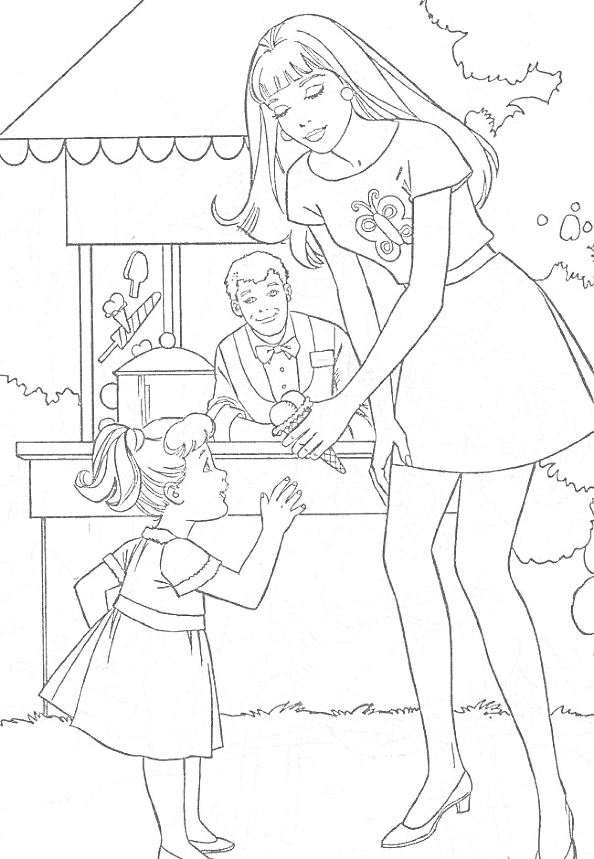 Раскраска Взрослая женщина с девочкой, киоск с продавцом, деревья и кусты. Женщина протягивает руку девочке, рядом с киоском игрушки.