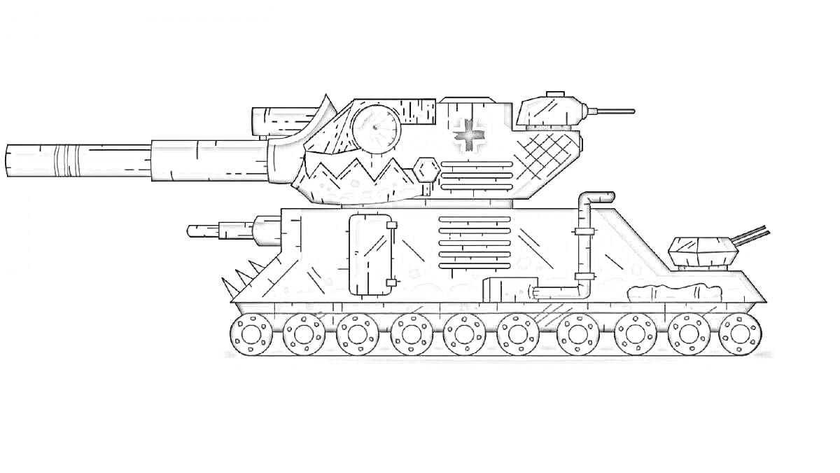 На раскраске изображено: Танк, Гусеницы, Орудие, Военная техника, Сталь